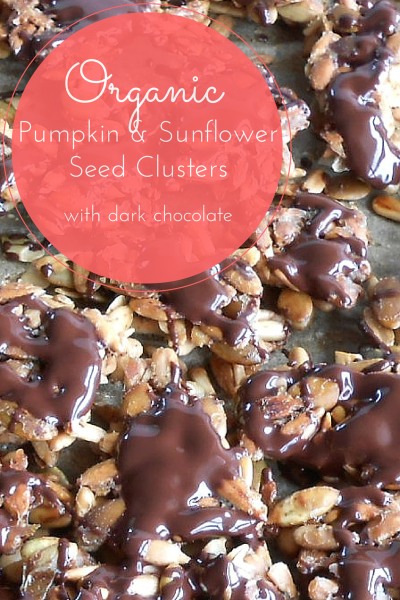Organic Pumpkin and Sunflower Seed Clusters coated in Dark Chocolate.