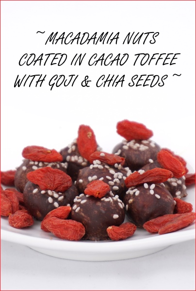 Macadamia Nuts In Cacao Toffee With Goji Berries and Chia Seeds 
